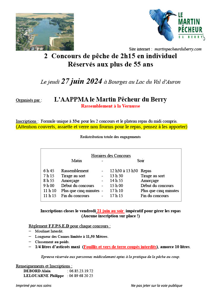 Concours de pêche + 55ans le 27 juin 2024 au plan d’eau du Val d’Auron